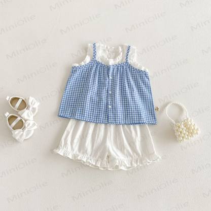 Baby Girls Blue Gingham Lace Tank Top and Solid White Shorts Set - Blue - 3-4T - image 2