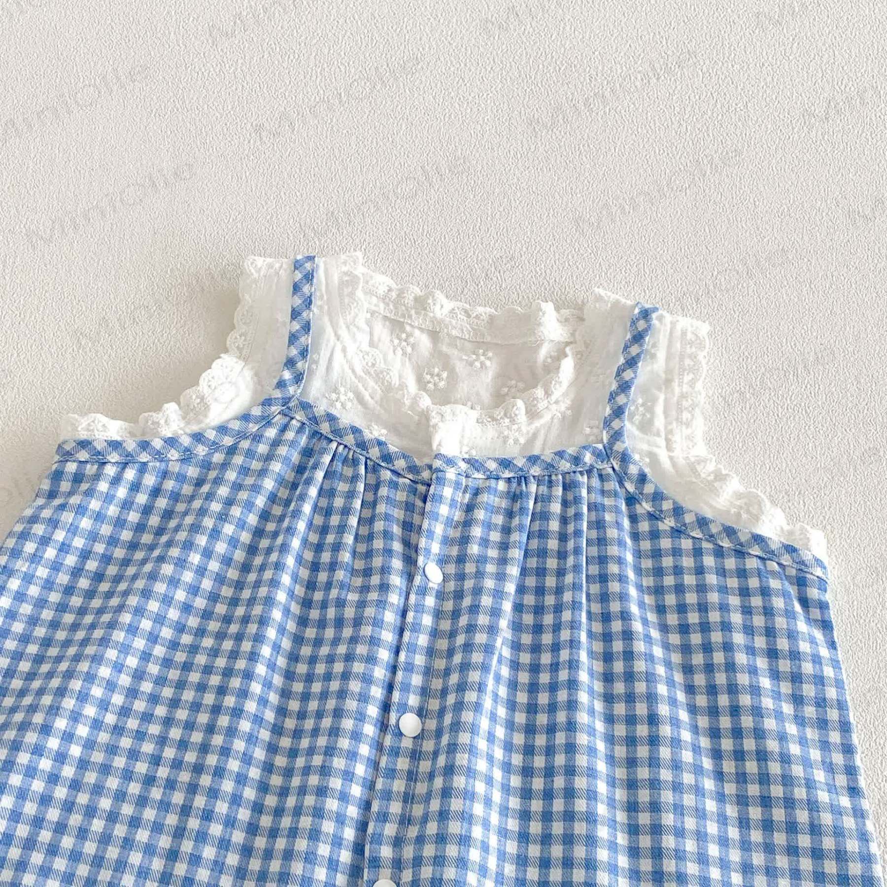 Baby Girls Blue Gingham Lace Tank Top and Solid White Shorts Set - image 3