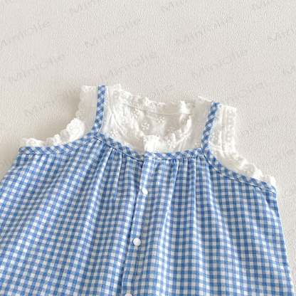Baby Girls Blue Gingham Lace Tank Top and Solid White Shorts Set - image 3