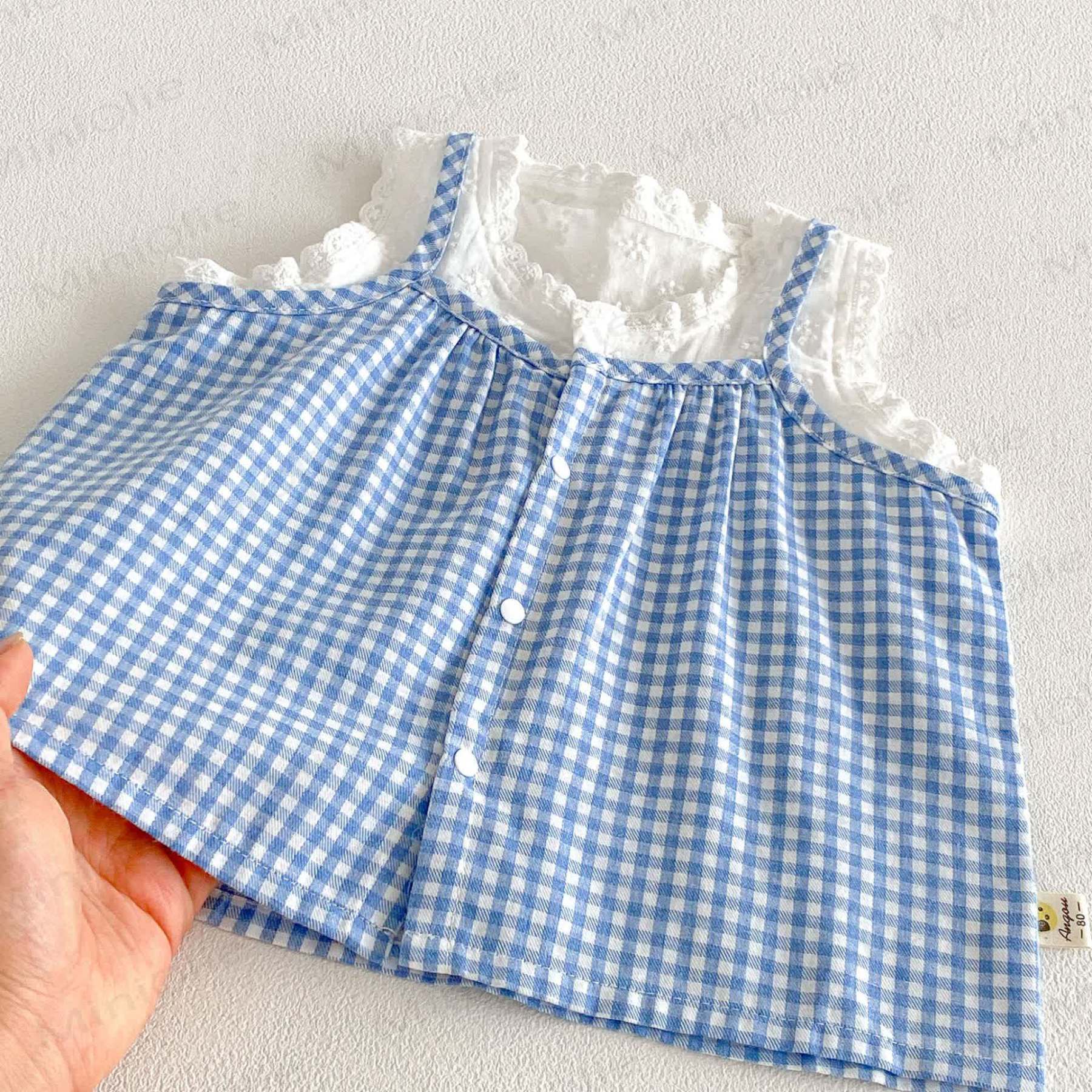 Baby Girls Blue Gingham Lace Tank Top and Solid White Shorts Set - image 4