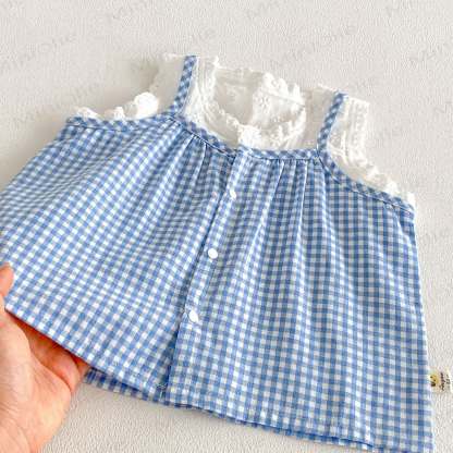 Baby Girls Blue Gingham Lace Tank Top and Solid White Shorts Set - image 4