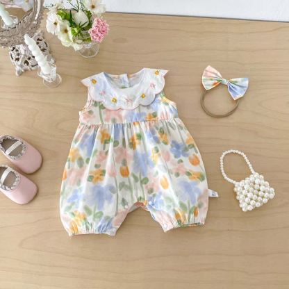 Baby Girl Floral Embroidered Collar Sleeveless Romper with Headband - image 2