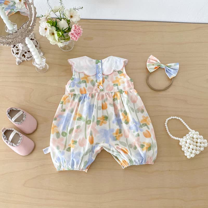 Baby Girl Floral Embroidered Collar Sleeveless Romper with Headband - image 3