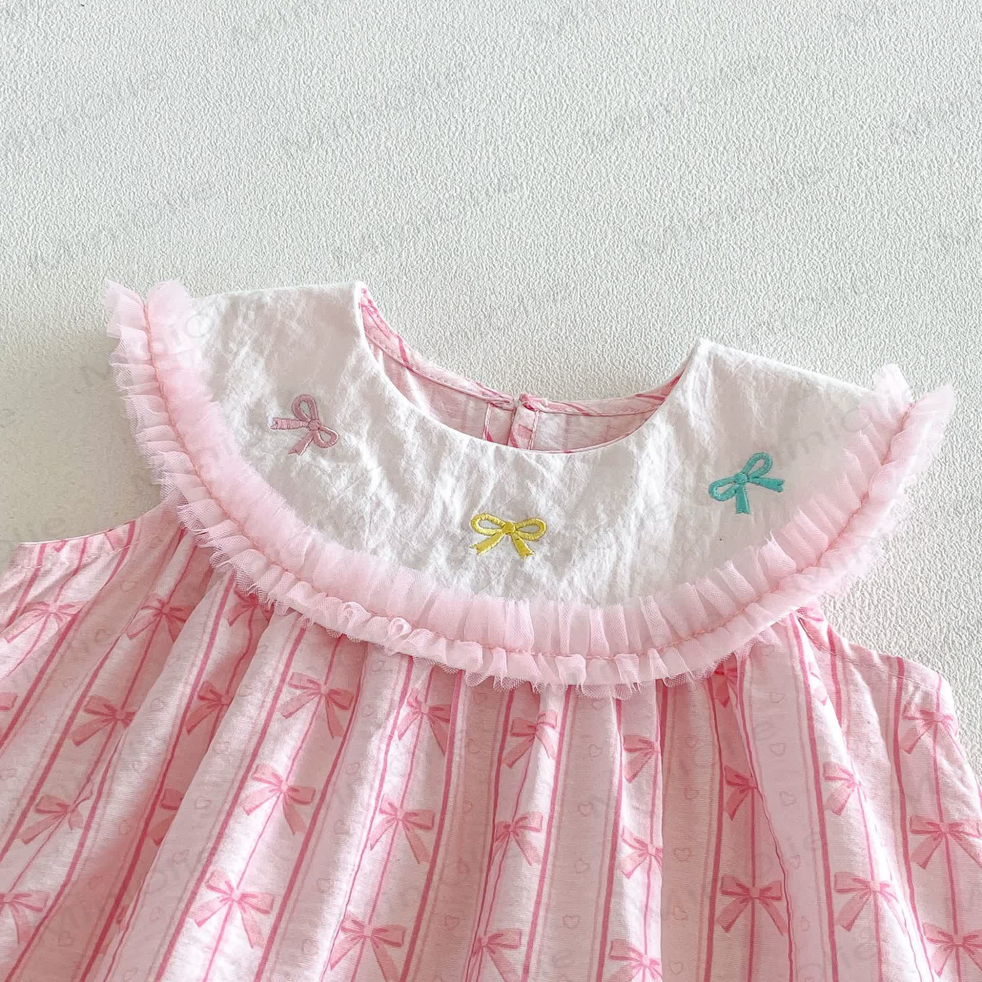 Baby Toddler Girls Pink Bow Print Ruffle Collar Sleeveless Dress - image 3