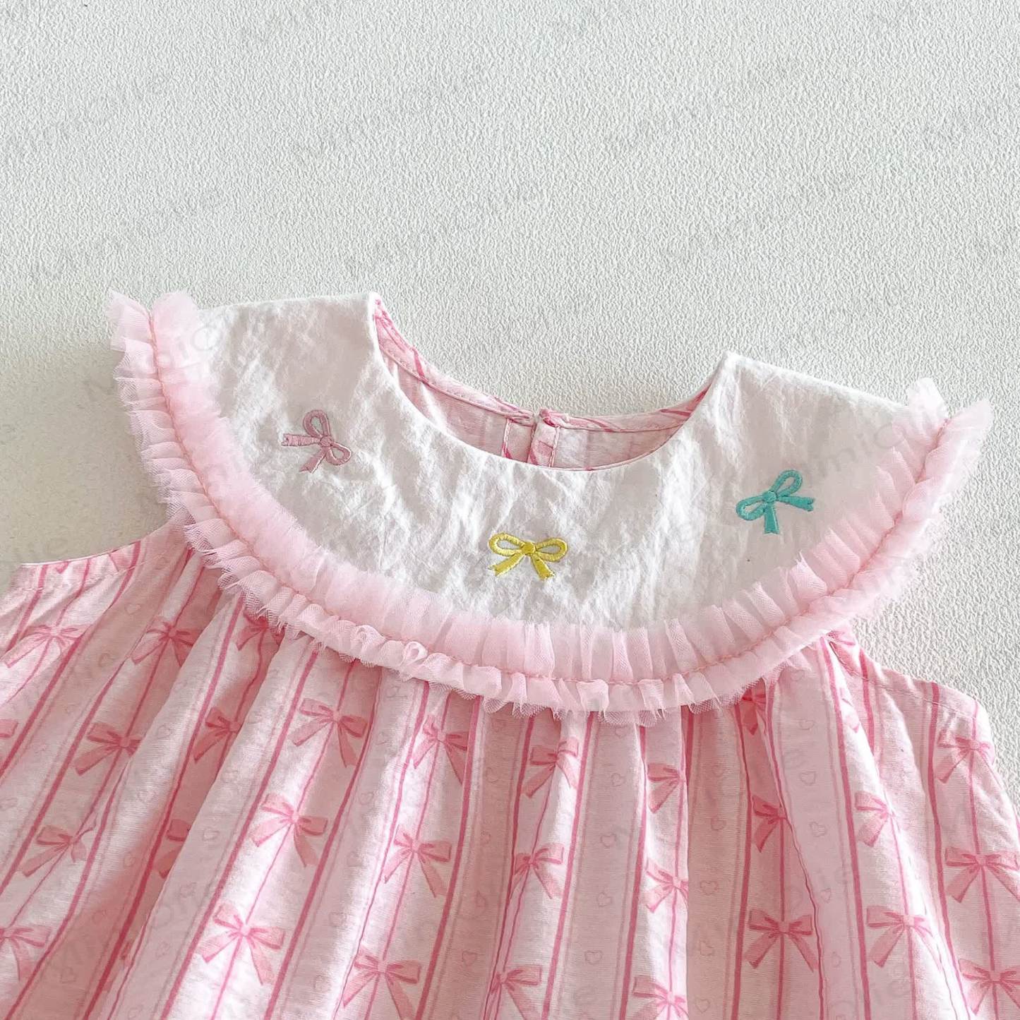 Baby Toddler Girls Pink Bow Print Ruffle Collar Sleeveless Dress - image 3