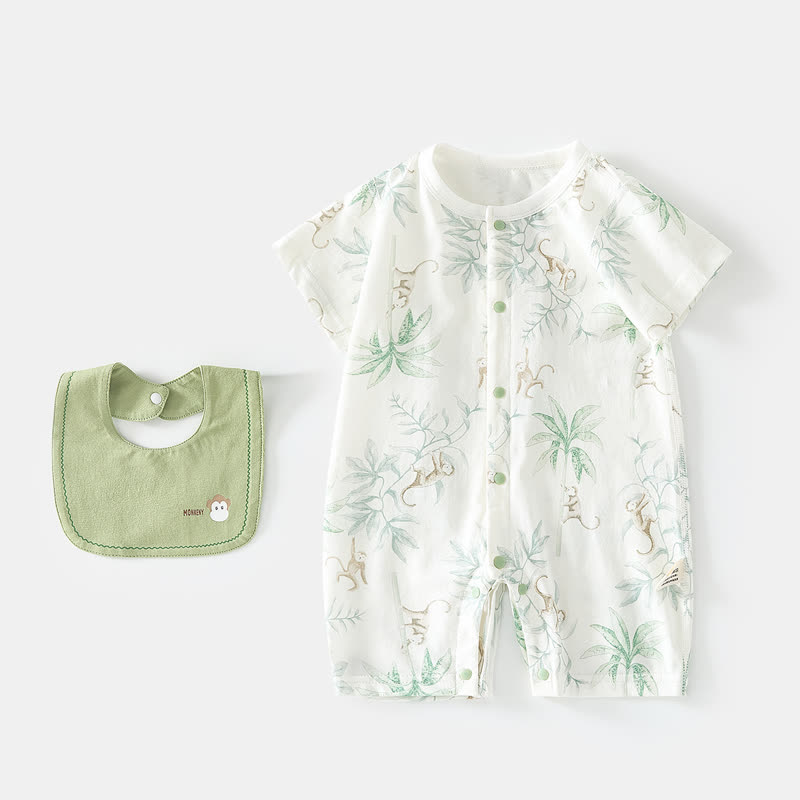 Baby Tree&Monkey Print Summer Romper with Bib - Green - 1-2T - image 1