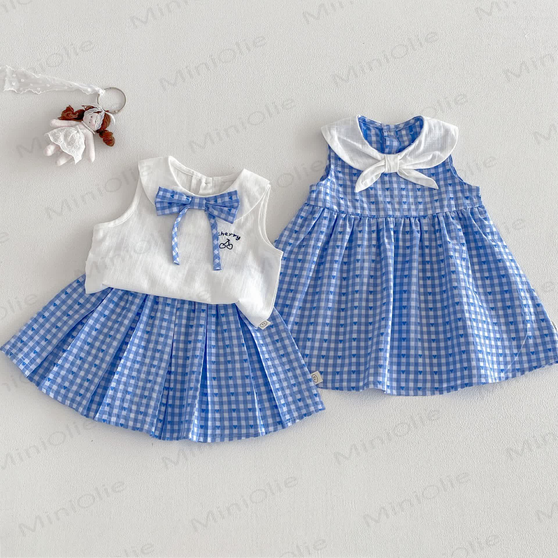 Baby Toddler Girls Gingham Sailor Collar Dress or Bow Vest or Gingham Skirt - image 1