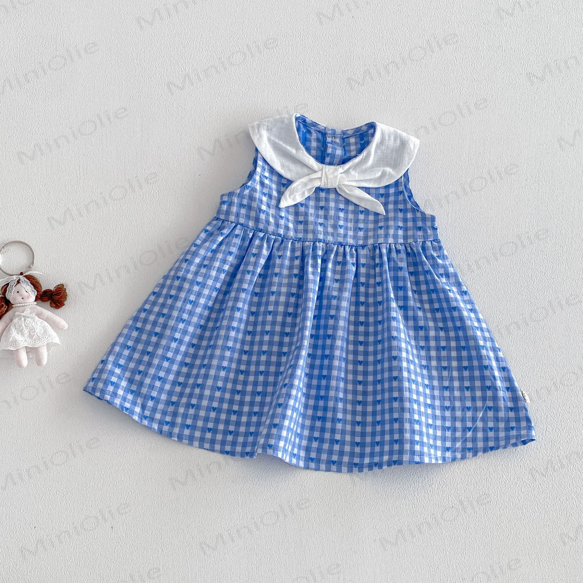 Baby Toddler Girls Gingham Sailor Collar Dress or Bow Vest or Gingham Skirt - Blue Dress - 4-5T - image 2