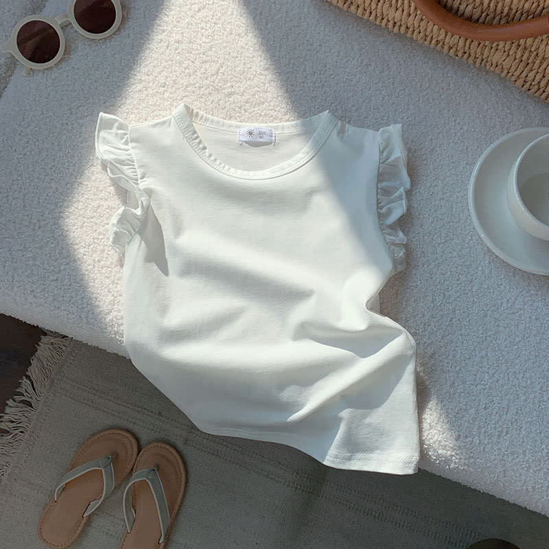 Toddler Girl Solid Color Flutter Sleeve Casual Tee - White - 8-9T - image 3