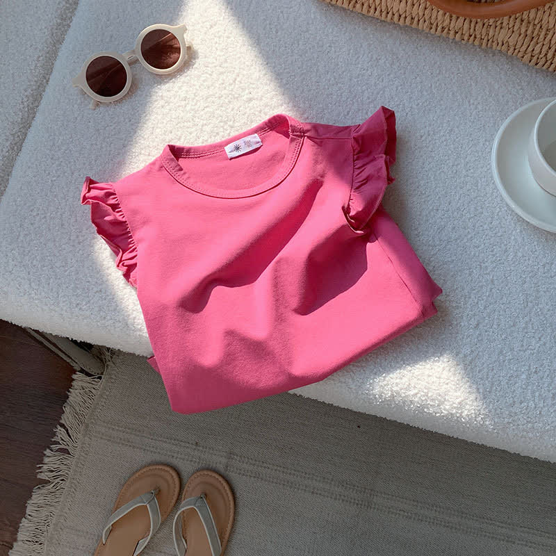 Toddler Girl Solid Color Flutter Sleeve Casual Tee - Dragon Fruit Color - 8-9T - image 7