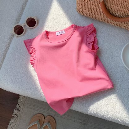 Toddler Girl Solid Color Flutter Sleeve Casual Tee - Rose Red - 8-9T - image 10