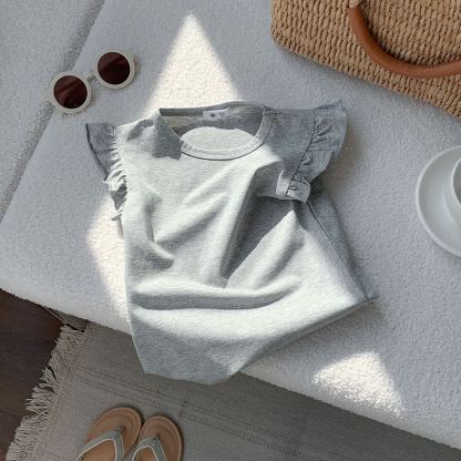 Toddler Girl Solid Color Flutter Sleeve Casual Tee - Light Gray - 8-9T - image 11