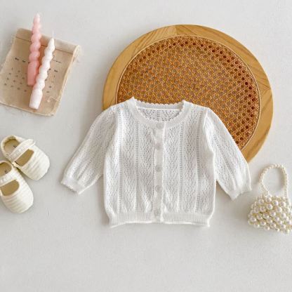 Baby Girl Solid Color Crew Neck Cardigan - White - 2-3T - image 2