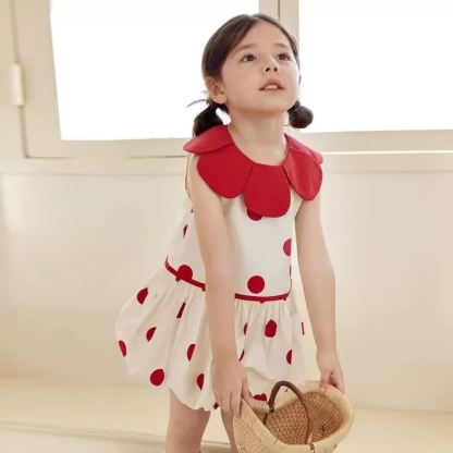 Toddler Girl Red Polka Dot Petal Collar Dress - White - 8-9T - image 1