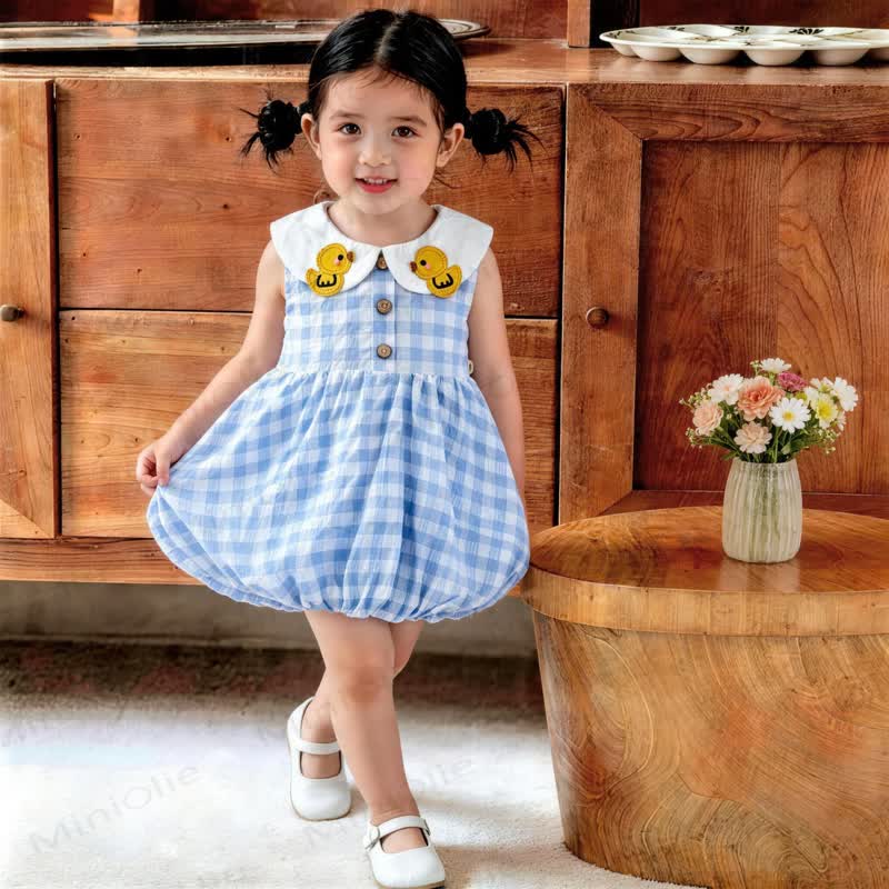 Baby Girls Duck Print Collar Gingham Sleeveless Dress - image 1