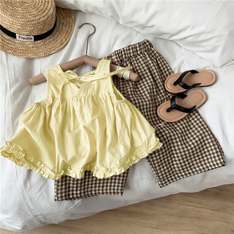 Toddler Kid Girls Cotton Ruffle Tank Top and Plaid Pants Set - image 2