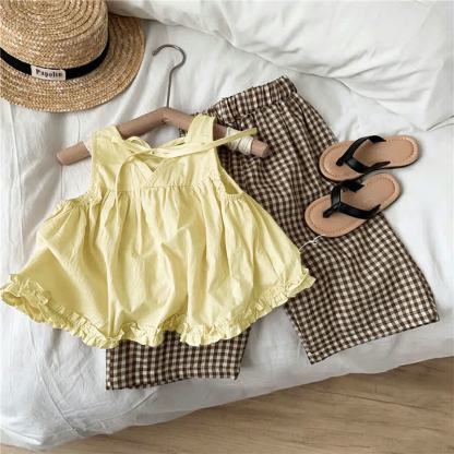 Toddler Kid Girls Cotton Ruffle Tank Top and Plaid Pants Set - image 2