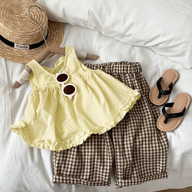 Toddler Kid Girls Cotton Ruffle Tank Top and Plaid Pants Set - Beige Top - 10-11T - image 1