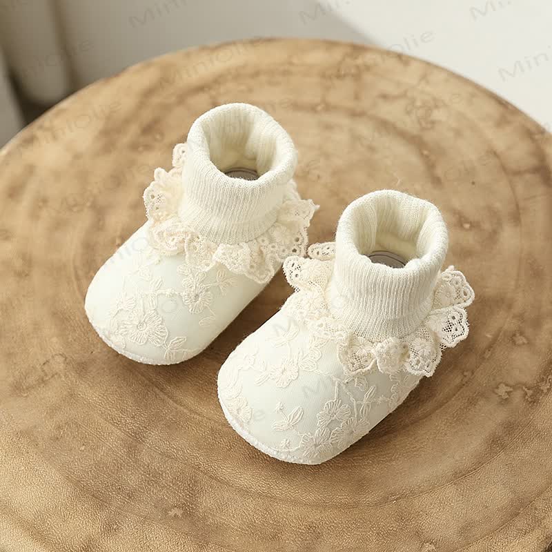 Baby Lace Embroidered Socks Shoes - Beige - 10-14M - image 3