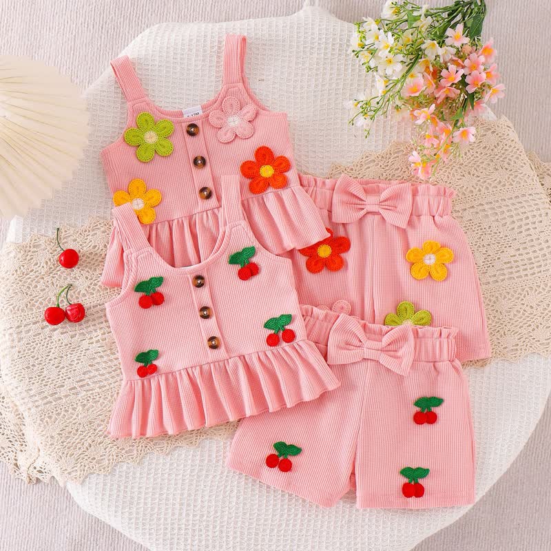 Baby Girl Pink Flower/Cherry Waffle Strap Tee and Shorts 2-piece Set - image 1
