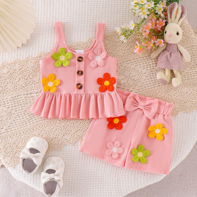 Baby Girl Pink Flower/Cherry Waffle Strap Tee and Shorts 2-piece Set - Pink Flower - 3-4Y - image 2