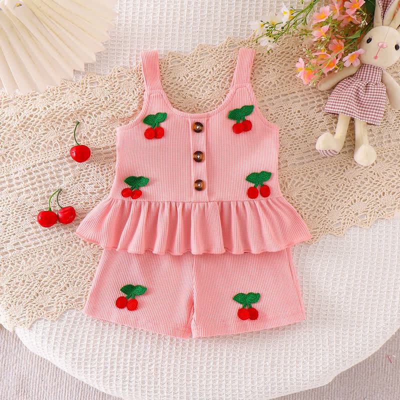 Baby Girl Pink Flower/Cherry Waffle Strap Tee and Shorts 2-piece Set - Pink Cherry - 3-4Y - image 3