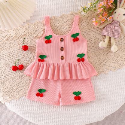 Baby Girl Pink Flower/Cherry Waffle Strap Tee and Shorts 2-piece Set - Pink Cherry - 3-4Y - image 3
