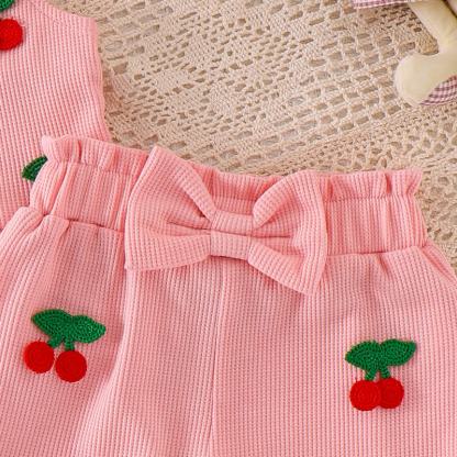 Baby Girl Pink Flower/Cherry Waffle Strap Tee and Shorts 2-piece Set - image 9