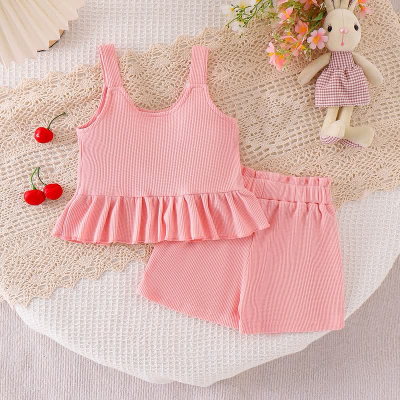 Baby Girl Pink Flower/Cherry Waffle Strap Tee and Shorts 2-piece Set - image 4