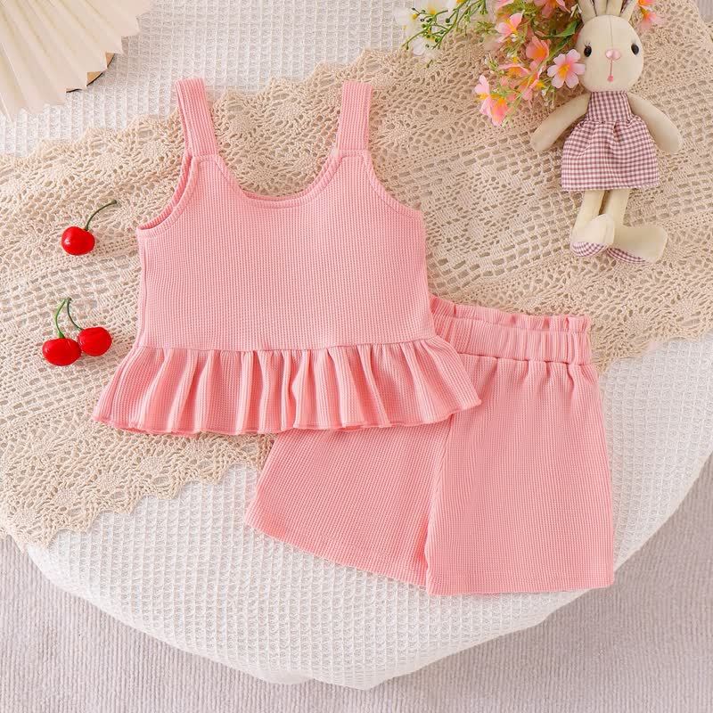 Baby Girl Pink Flower/Cherry Waffle Strap Tee and Shorts 2-piece Set - image 4