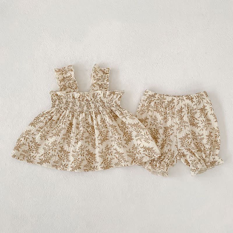 Baby Girl White/Khaki Floral Strap Top and Shorts 2-piece Set - Khaki - 2-3T - image 2