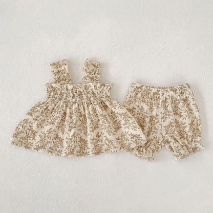 Baby Girl White/Khaki Floral Strap Top and Shorts 2-piece Set - Khaki - 2-3T - image 2