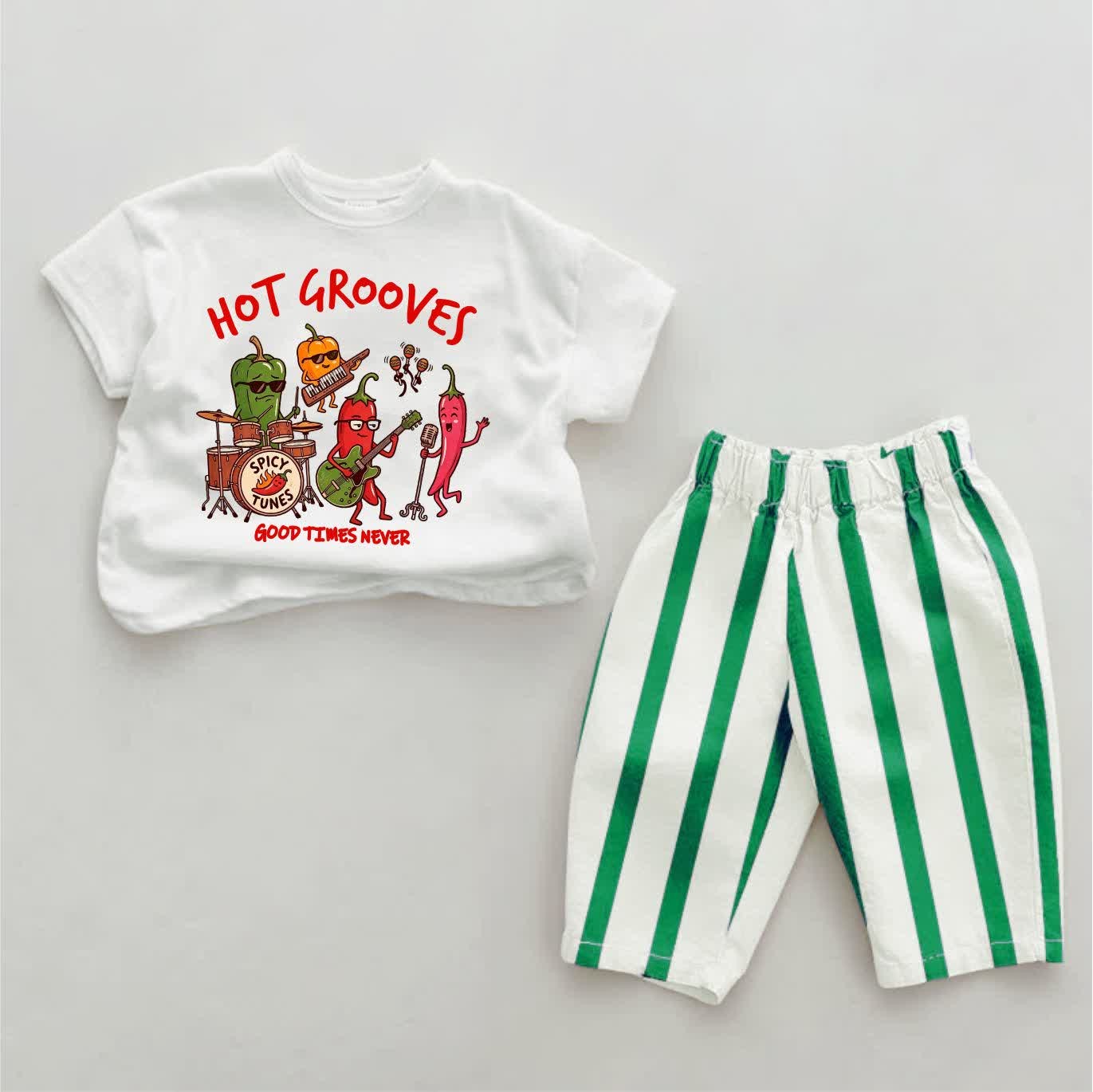 RED HOT SILL PEPPER GOOD TIMES NEVER Baby Pepper Print Green Striped 2-piece Set - Green&White - 2-3T - image 1