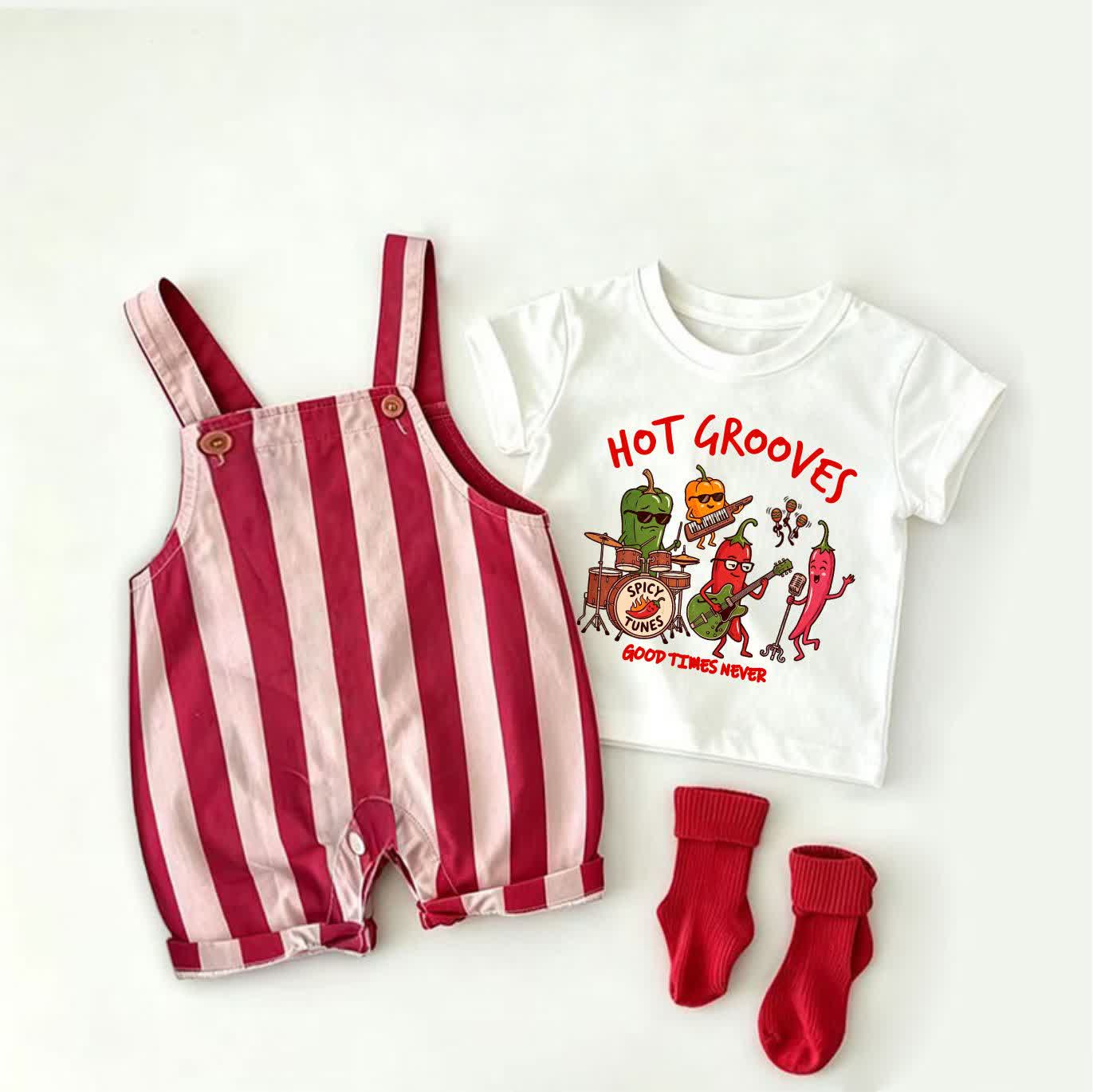 RED HOT SILL PEPPER GOOD TIME NEVER Baby Pepper Print Red Stripe Overalls and White Tee 2-piece Set - White&Red - 2-3T - image 1