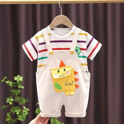 Baby Toddler Boys Dino Print Overall and Striped Tee 2-Piece Set - Apricot - 4-5T - image 2