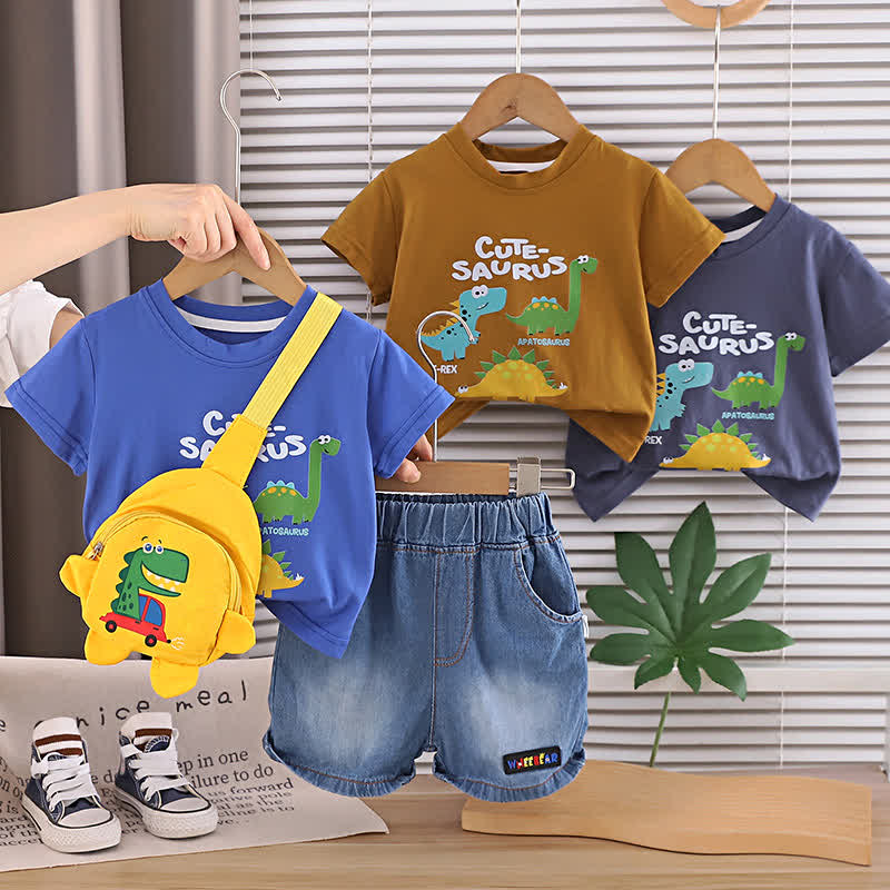 Baby Toddler Boys Dino Print Tee and Denim Shorts and Bag 3-Piece Set - image 1