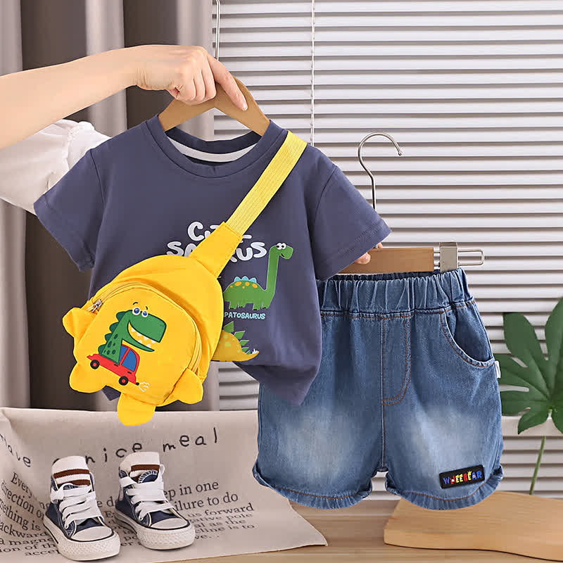 Baby Toddler Boys Dino Print Tee and Denim Shorts and Bag 3-Piece Set - Navy - 4-5T - image 2