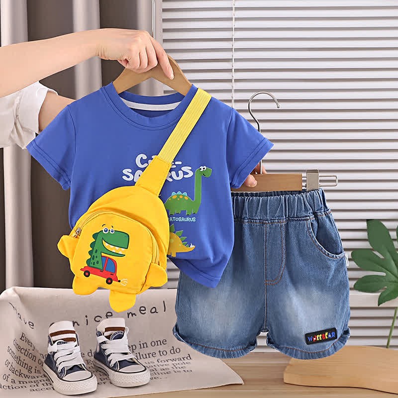 Baby Toddler Boys Dino Print Tee and Denim Shorts and Bag 3-Piece Set - Blue - 4-5T - image 4