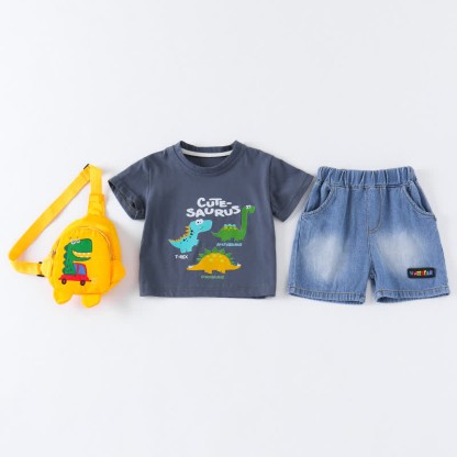 Baby Toddler Boys Dino Print Tee and Denim Shorts and Bag 3-Piece Set - Navy (No Bag) - 4-5T - image 5