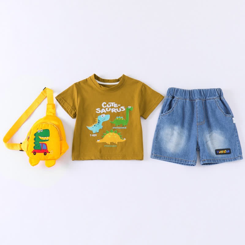 Baby Toddler Boys Dino Print Tee and Denim Shorts and Bag 3-Piece Set - Brown (No Bag) - 4-5T - image 6