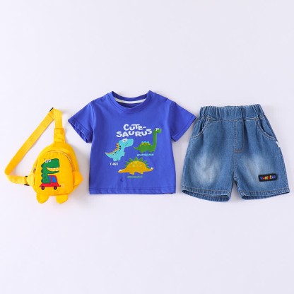Baby Toddler Boys Dino Print Tee and Denim Shorts and Bag 3-Piece Set - Blue (No Bag) - 4-5T - image 7