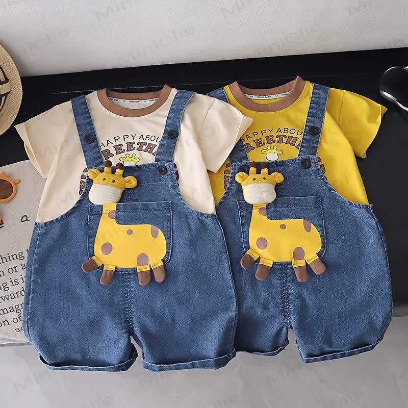 Baby Toddler Giraffe Print Denim Overalls and T-Shirt 2-Piece Set - image 1