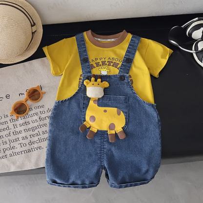 Baby Toddler Giraffe Print Denim Overalls and T-Shirt 2-Piece Set - Yellow - 4-5T - image 3