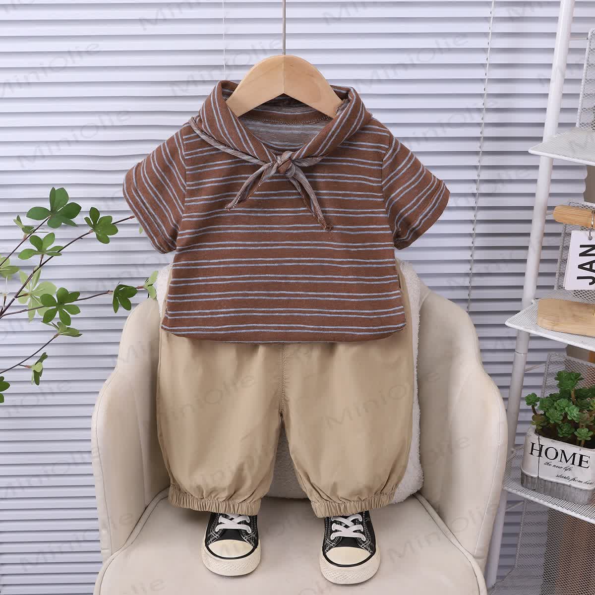 Baby Toddler Scarf Collar Striped T-Shirt and Solid Color Pants Set - Coffee - 6-7T - image 3