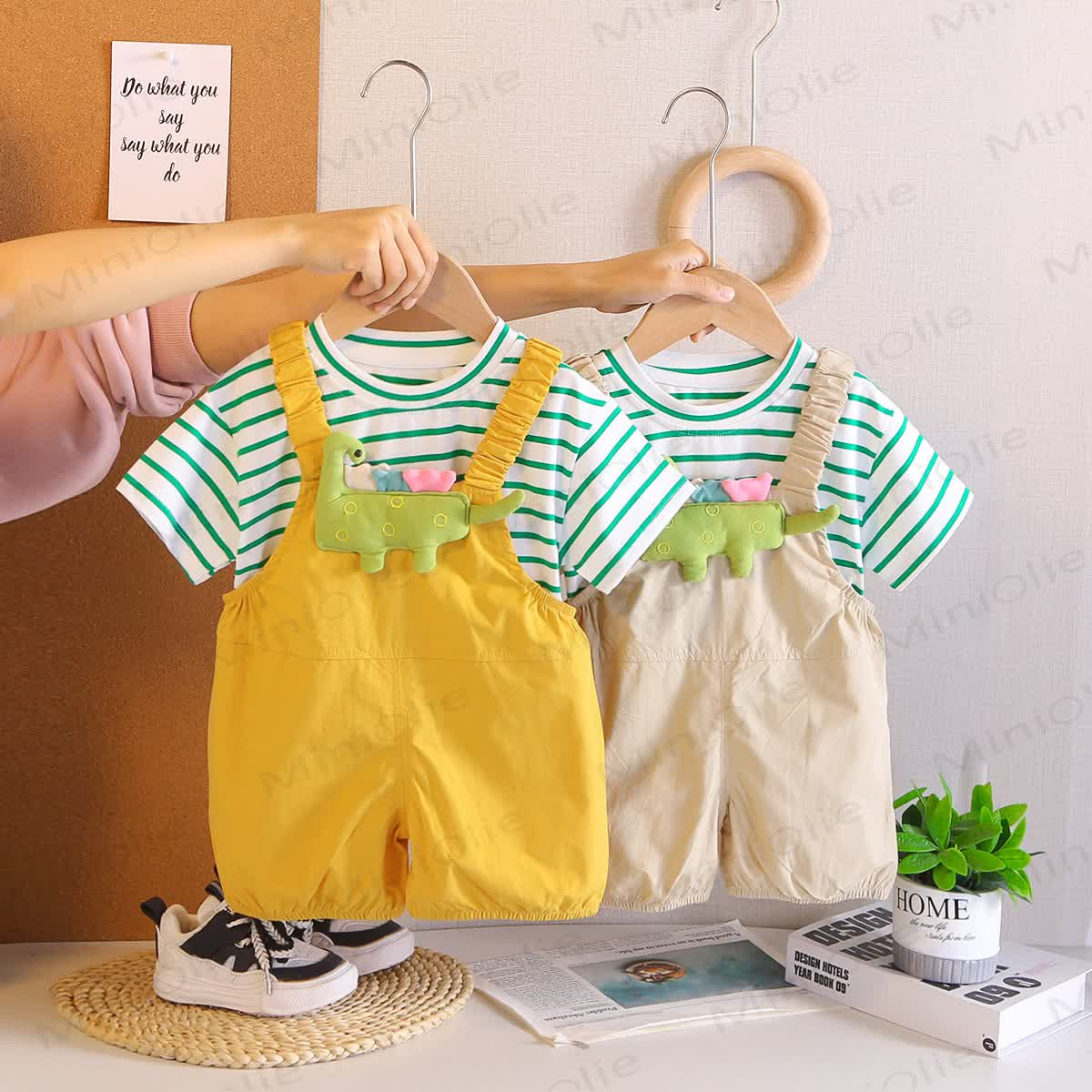Baby Toddler Dino Print Overalls and Striped Tee 2-Piece Set - image 1