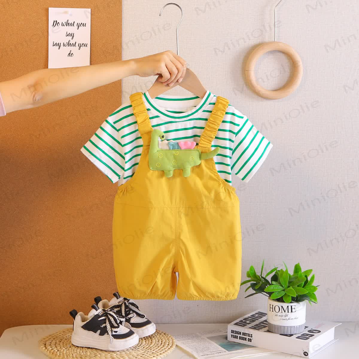 Baby Toddler Dino Print Overalls and Striped Tee 2-Piece Set - Yellow - 4-5T - image 2