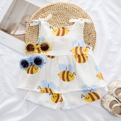 Baby Girl Bee Print Suspenders 2-piece Set - image 2