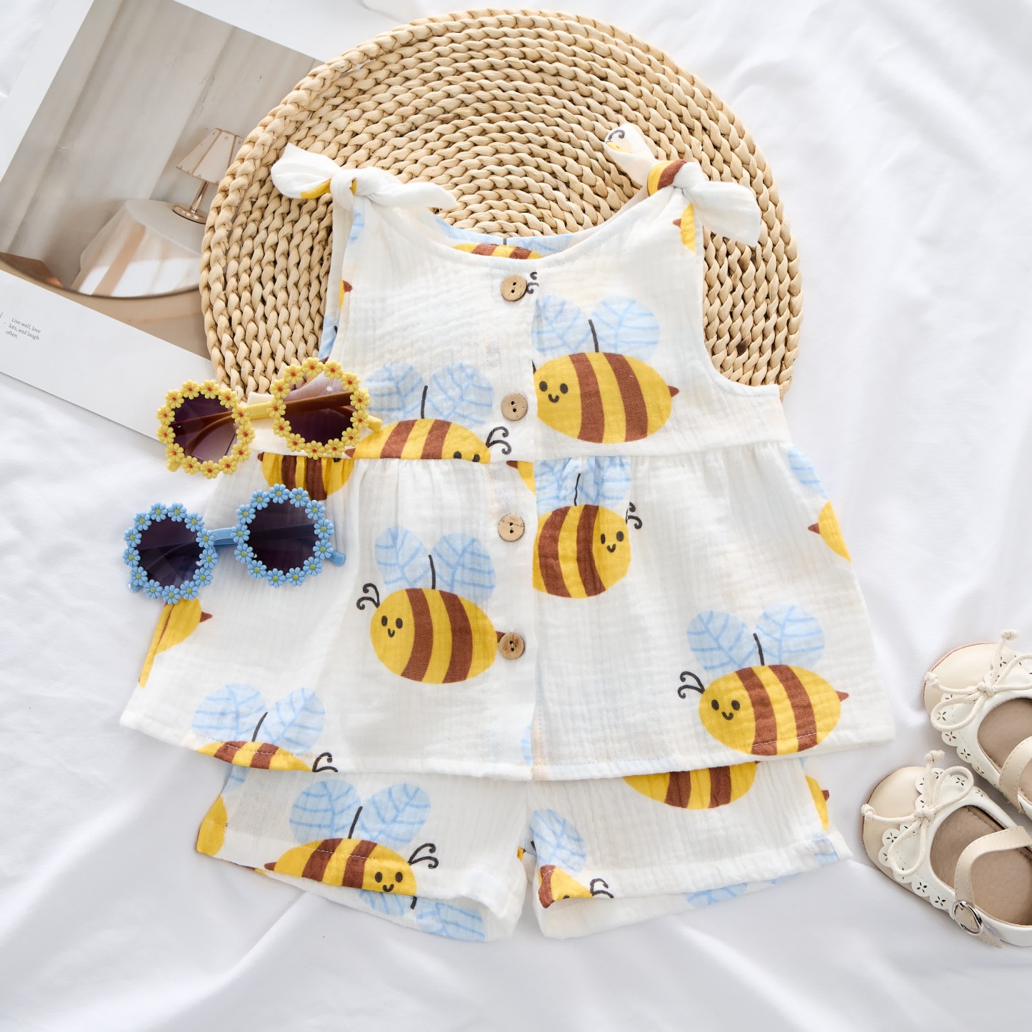 Baby Girl Bee Print Suspenders 2-piece Set - image 3