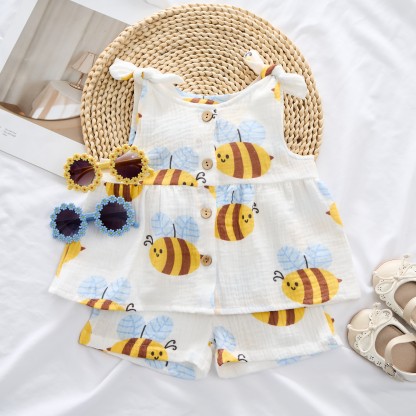 Baby Girl Bee Print Suspenders 2-piece Set - image 3