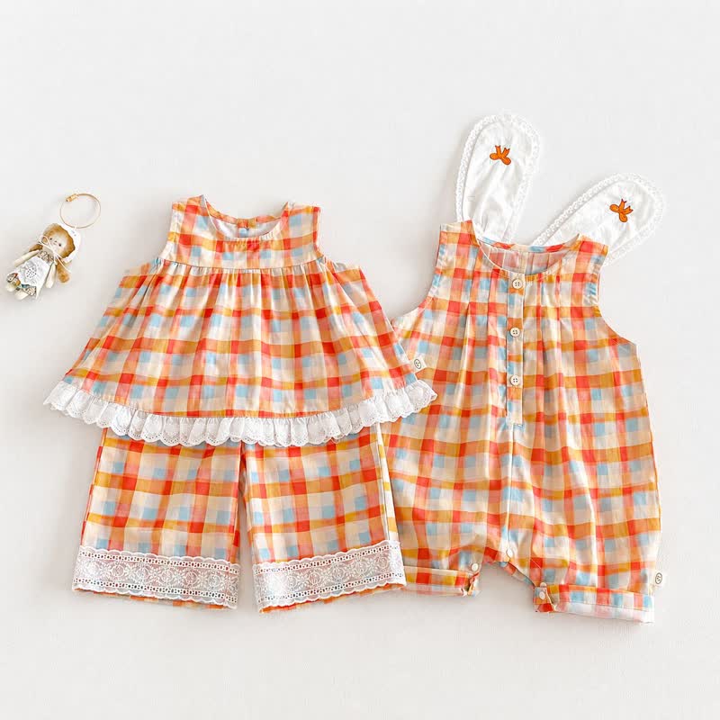Baby Toddler Girl Orange Plaid Lace Trim Summer Sleeveless Romper/Top and Pants 2-piece Set - image 1